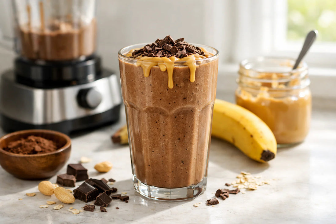 Proteïne smoothies — a chocolate peanut butter protein smoothie in a glass on a kitchen counter with ingredients.