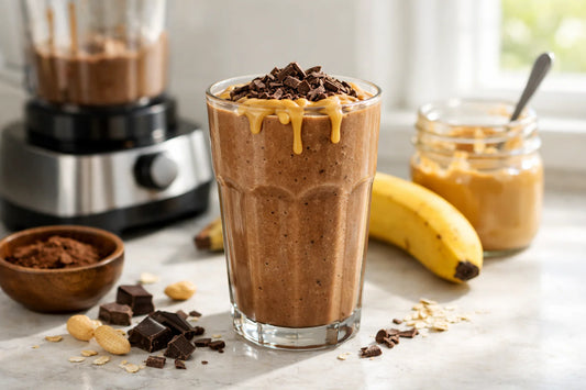 Proteïne smoothies — a chocolate peanut butter protein smoothie in a glass on a kitchen counter with ingredients.