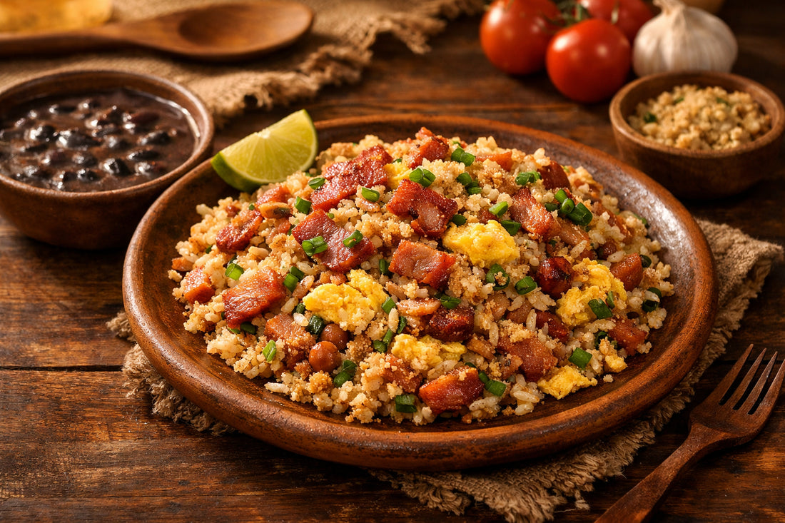 Arroz com Feijão Tropeiro — a complete Brazilian meal with rice, beans, bacon, and farofa served on a rustic plate.