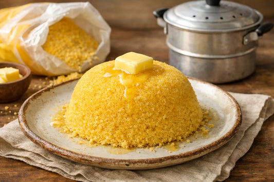 Cuscuz recept — een vers gestoomde Braziliaanse cuscuz met smeltende boter op een keramisch bord.