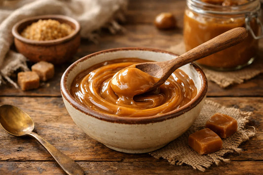 Dulce de Leche — ceramic bowl of golden Dulce de Leche with a wooden spoon on a rustic table