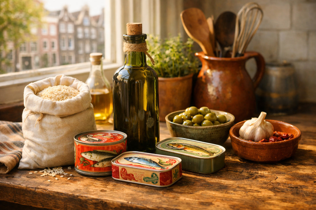 Mercearia Portuguesa em Amesterdão — A selection of authentic Portuguese grocery products on a rustic kitchen counter.