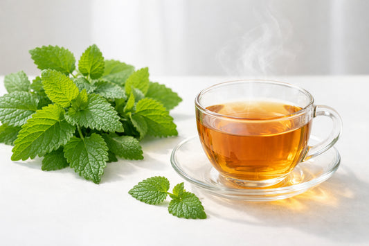 Lemon Balm tea — fresh herb leaves and a steaming cup of tea on a white surface