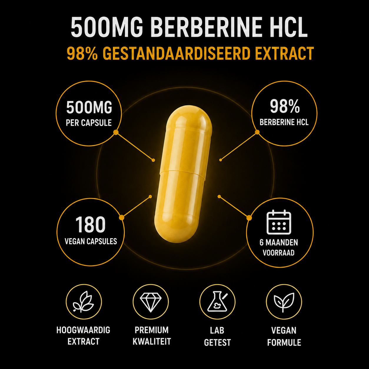 Berberine HCL 98% - 500mg - Vegan - BeBulk Nutrition