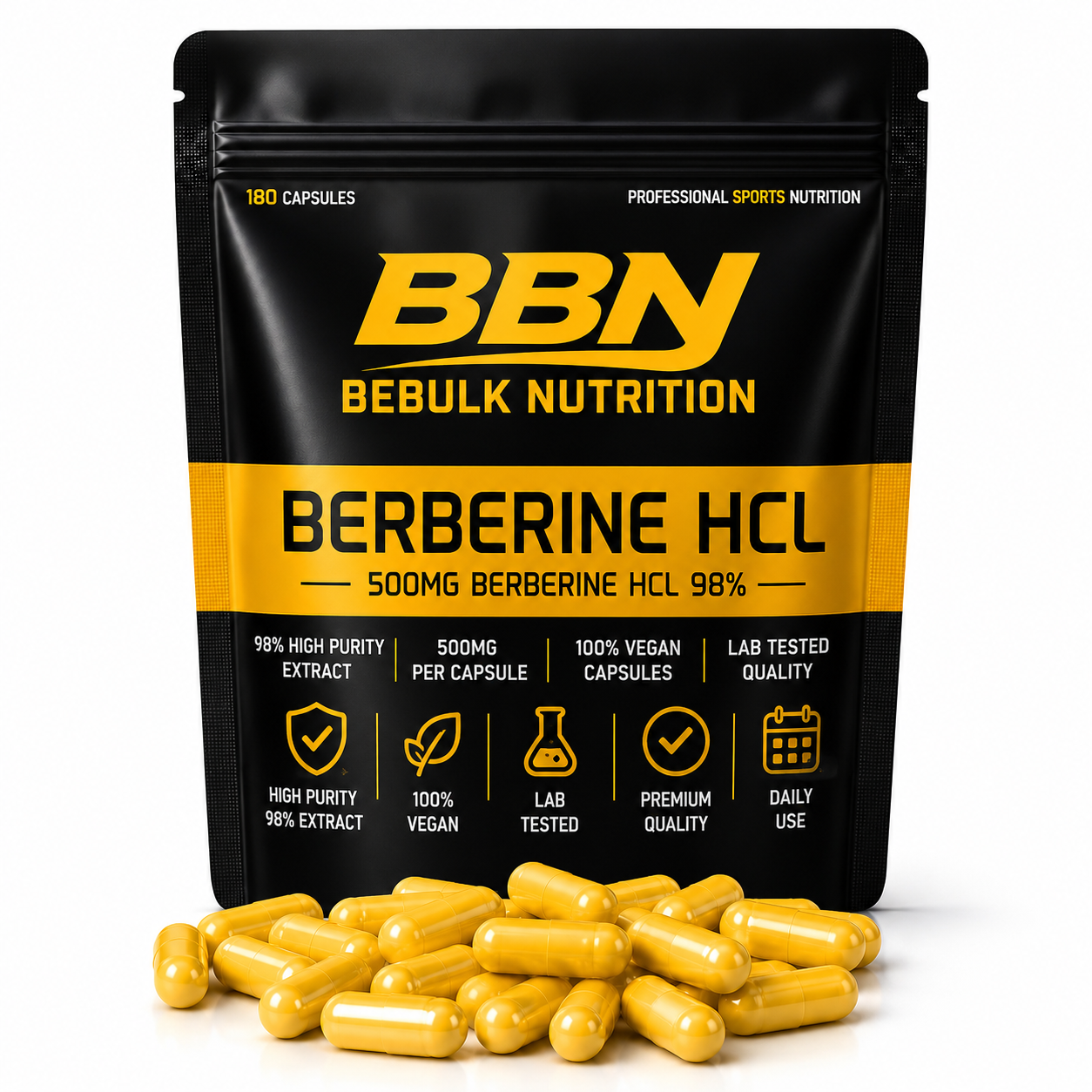 Berberine HCL 98% - 500mg - Vegan - BeBulk Nutrition