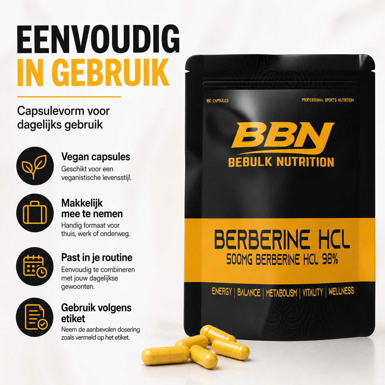 Berberine HCL 98% - 500mg - Vegan - BeBulk Nutrition