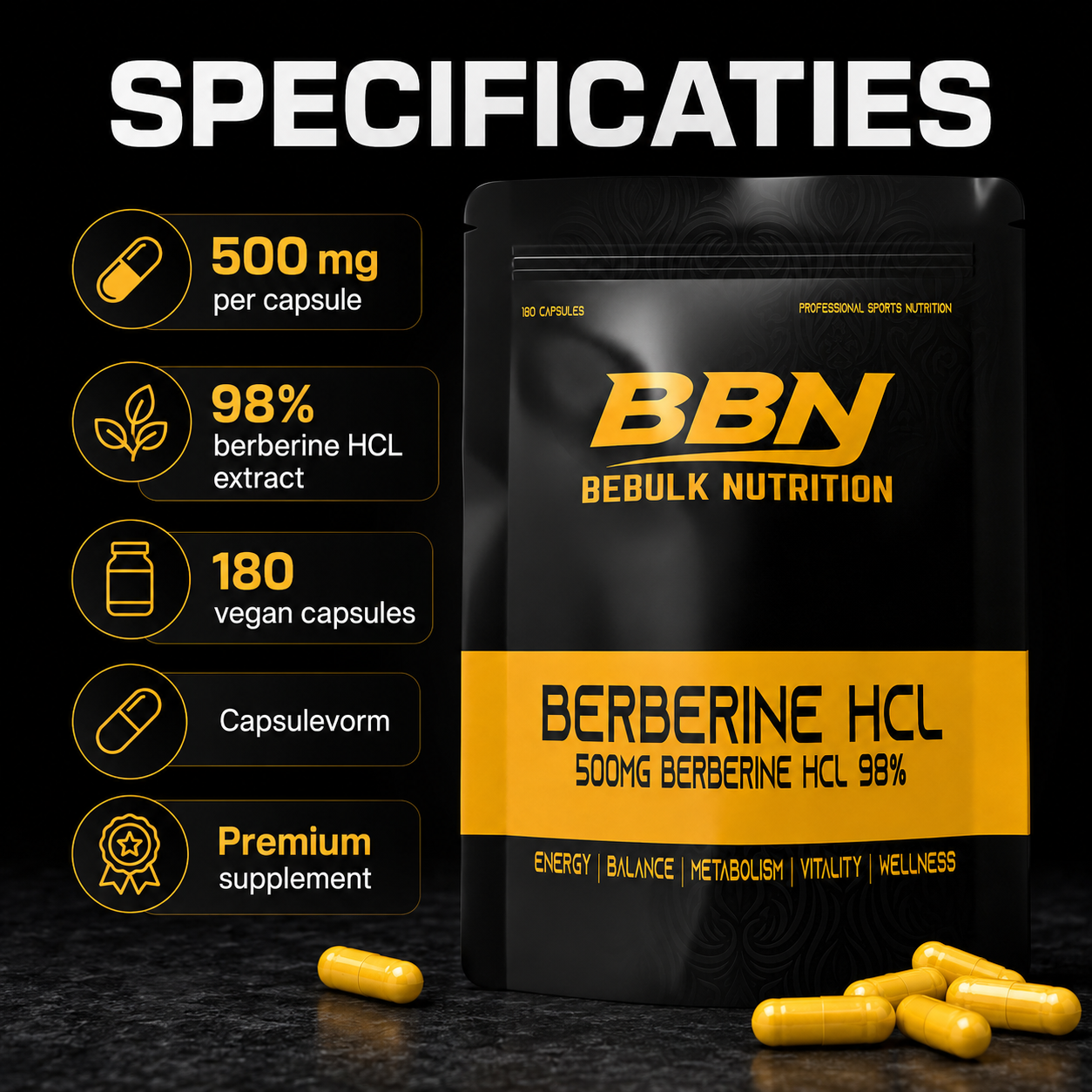 Berberine HCL 98% - 500mg - Vegan - BeBulk Nutrition