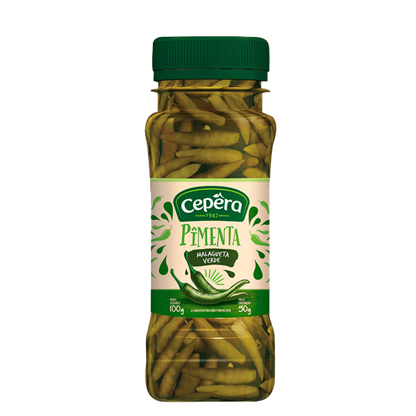 Cepera Pimenta Malagueta Verde 100g jar with vibrant green Brazilian chili peppers, ideal for authentic recipes - Desapega.nl