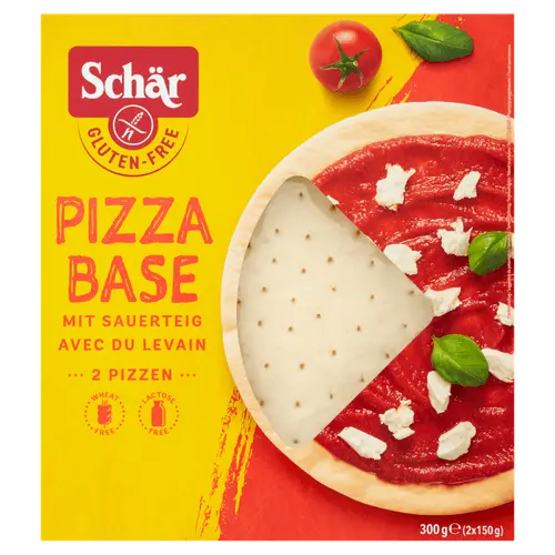 Dr. Schär gluten-free pizza base 300g package on white background, showing golden crispy crust texture - Desapega.nl
