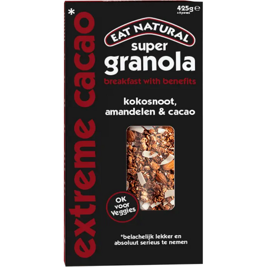 Eat Natural Super Granola with coconut, almonds and cocoa - 425g package showing crunchy whole grain breakfast cereal - Desapega.nl