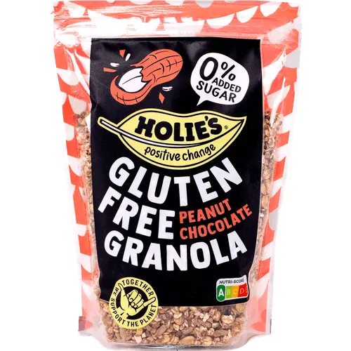 Holie's Granola Peanut Chocolate 330g package showing gluten-free oat granola with peanuts and cocoa - Desapega.nl