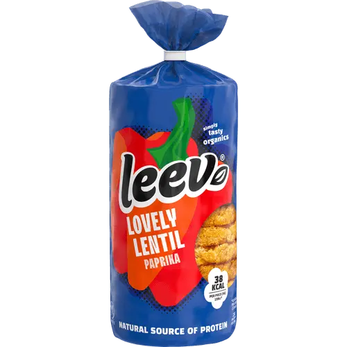 Leev Bio organic lentil wafers with smoked paprika BBQ flavor, 117g package, high-protein vegan snack - Desapega.nl
