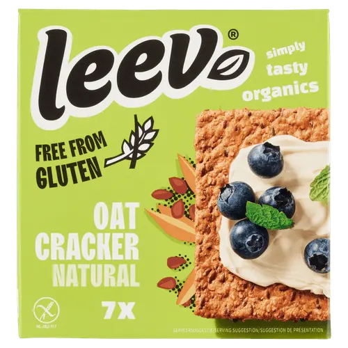 Leev Oat Cracker Naturel Glutenvrij 100g - Organic gluten-free oat crackers with seeds on white background - Desapega.nl