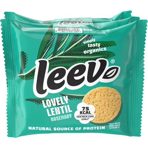 Leev Protein Wafels Lentil Rosemary 54g - Organic gluten-free puffed lentil waffles with rosemary seasoning - Desapega.nl