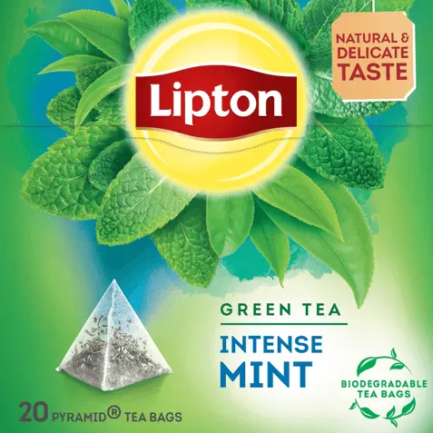 Lipton Intense Mint Green Tea box with 20 individually wrapped tea bags, showing fresh mint leaves and green tea - Desapega.nl