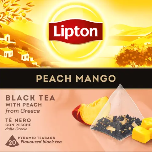 Lipton Peach Mango Black Tea box with 20 pyramid tea bags, featuring tropical fruit illustration and Rainforest Alliance certification logo - Desapega.nl