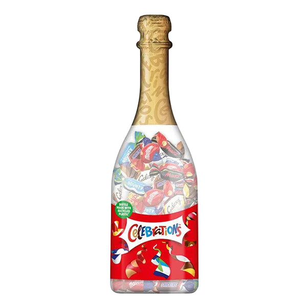 Mars Celebrations Fles 296g bottle filled with assorted mini chocolate bars including Mars, Snickers, Bounty, Milky Way, Galaxy, Maltesers Teasers, and Twix - Desapega.nl