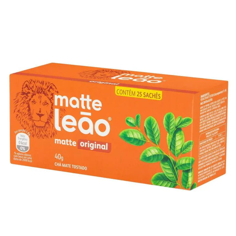 Matte Leão Mate Tea 40g box with 25 sachets, featuring Brazilian roasted mate leaves - buy from Desapega.nl