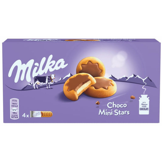 Milka Choco Mini Stars 150g package showing star-shaped chocolate-filled biscuits in 4 individual packs - Desapega.nl