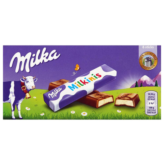 Milka Milkinis filled chocolate bars package showing 8 individual milk chocolate pieces with cream filling - Desapega.nl