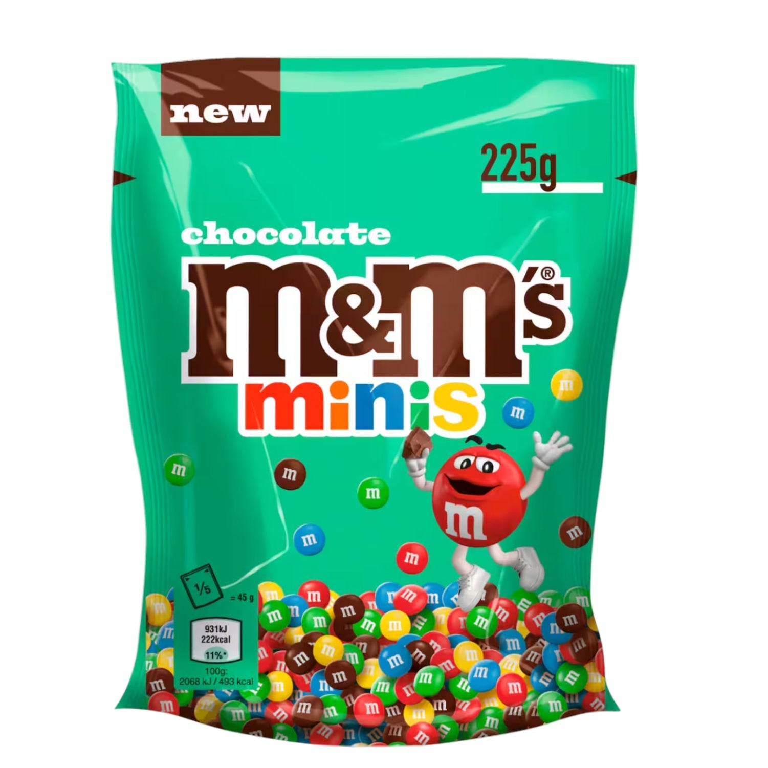 M&M's Mini colorful chocolate dragées in 225g bag showing small bite-sized candies - Desapega.nl