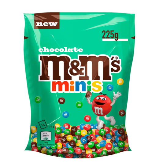 M&M's Mini colorful chocolate dragées in 225g bag showing small bite-sized candies - Desapega.nl