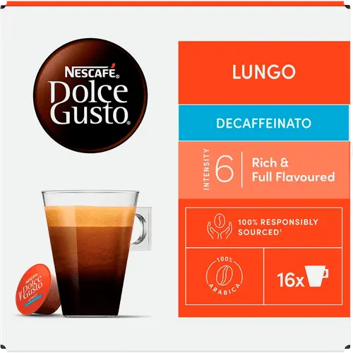 NESCAFÉ Dolce Gusto Lungo Descafeinado 16 coffee capsules pack showing decaffeinated South American Arabica blend - Desapega.nl