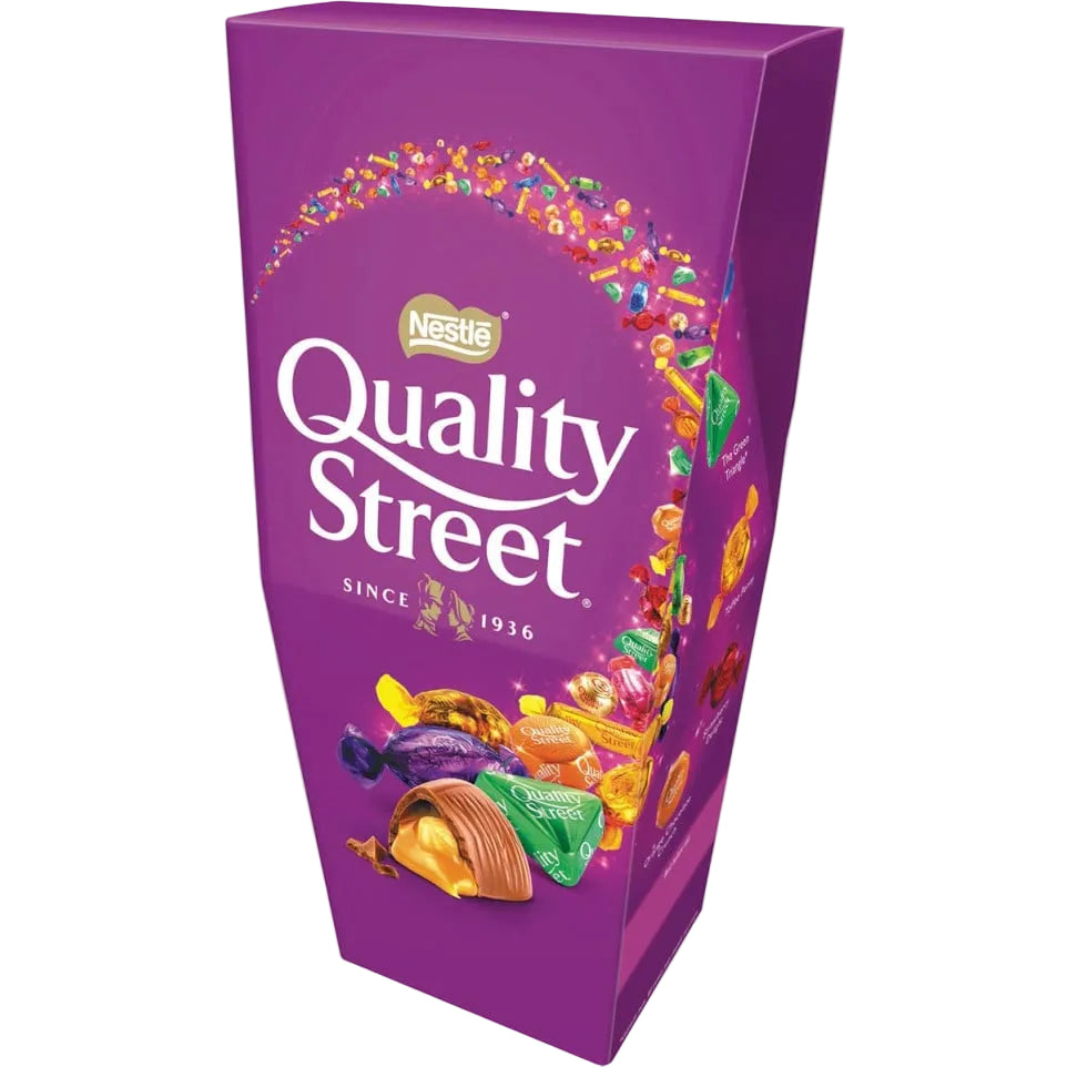Nestlé Quality Street 265g tin with assorted milk chocolates, toffees and nut-filled treats in colorful wrappers - Desapega.nl