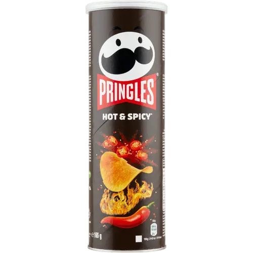 Pringles Hot & Spicy 165g tube with red packaging showing spicy potato chips - Desapega.nl