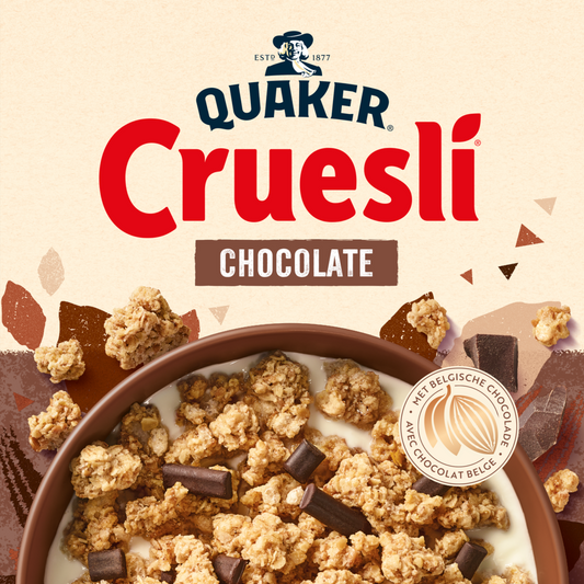 Quaker Cruesli Chocolade 900g package - crunchy muesli with dark chocolate pieces and coconut - Desapega.nl