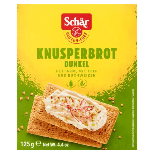 Schär Knackebrood Donkerbruin - Dark gluten-free crispbread made with teff and buckwheat, 125g package - Desapega.nl