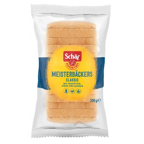 Schär Meisterbackers Classic Glutenvrij 300g gluten-free bread loaf with slices showing soft texture - Desapega.nl