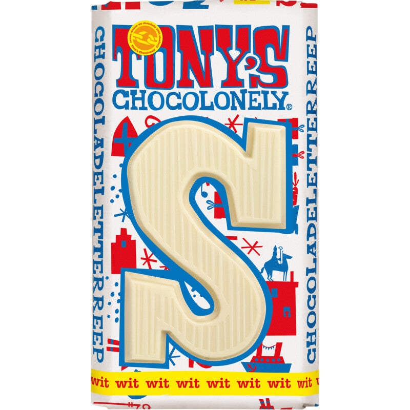 Tony's Chocolonely Chocolate Letter S 180g white Belgian chocolate bar for Sinterklaas festivities - buy from Desapega.nl