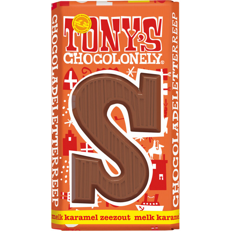 Tony's Chocolonely Chocolate ao Leite Caramelo Letra S milk chocolate caramel sea salt 180g Belgian Sinterklaas letter - buy from Desapega.nl