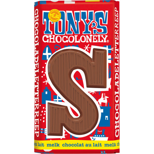 Tony's Chocolonely Chocolate ao Leite Letra S milk chocolate letter bar, Sinterklaas edition, 180g, Dutch fairtrade chocolate - buy from Desapega.nl
