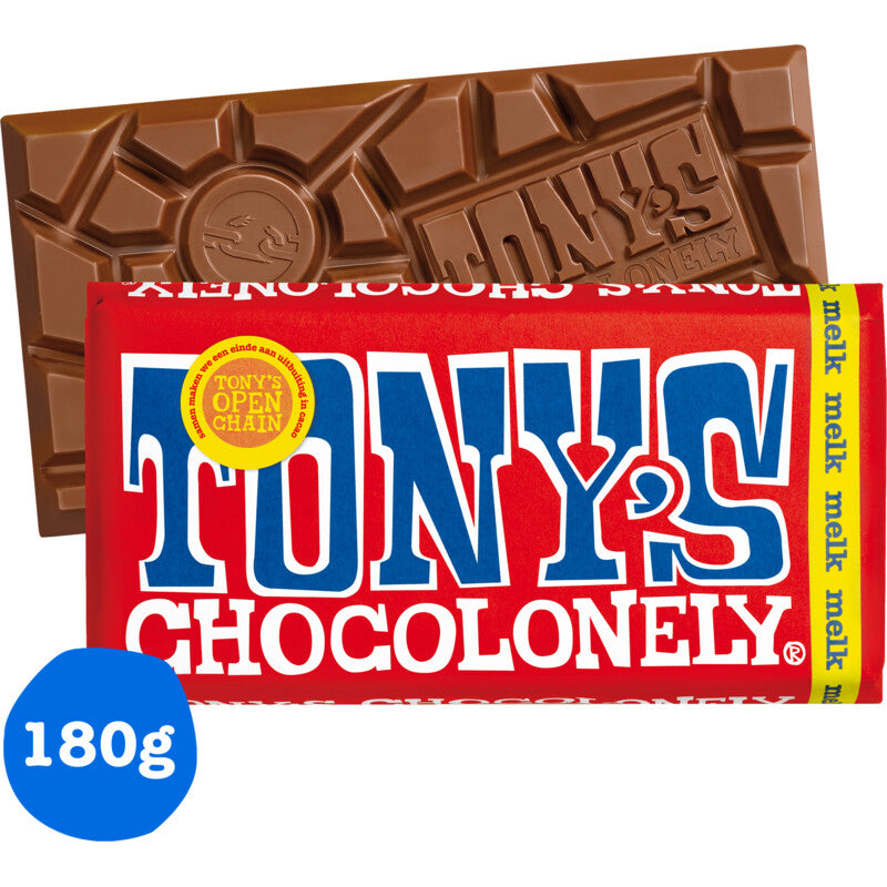 Tony's Chocolonely Melkchocolade 180g milk chocolate bar with red wrapper, fairtrade and 100% traceable cocoa - buy from Desapega.nl