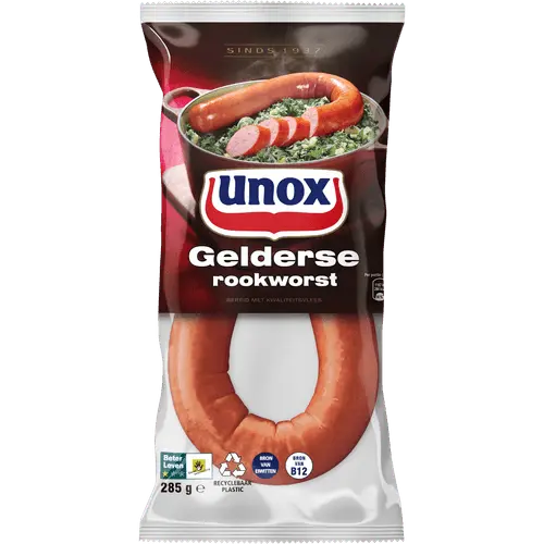 Unox Gelderse Rookworst traditional Dutch smoked sausage 285g package with Beter Leven certification - Desapega.nl